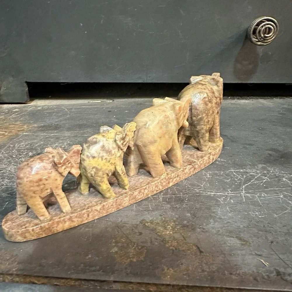 Vintage Indian Solid Carved Soapstone 4 Walking Elephant Incense Holder  6